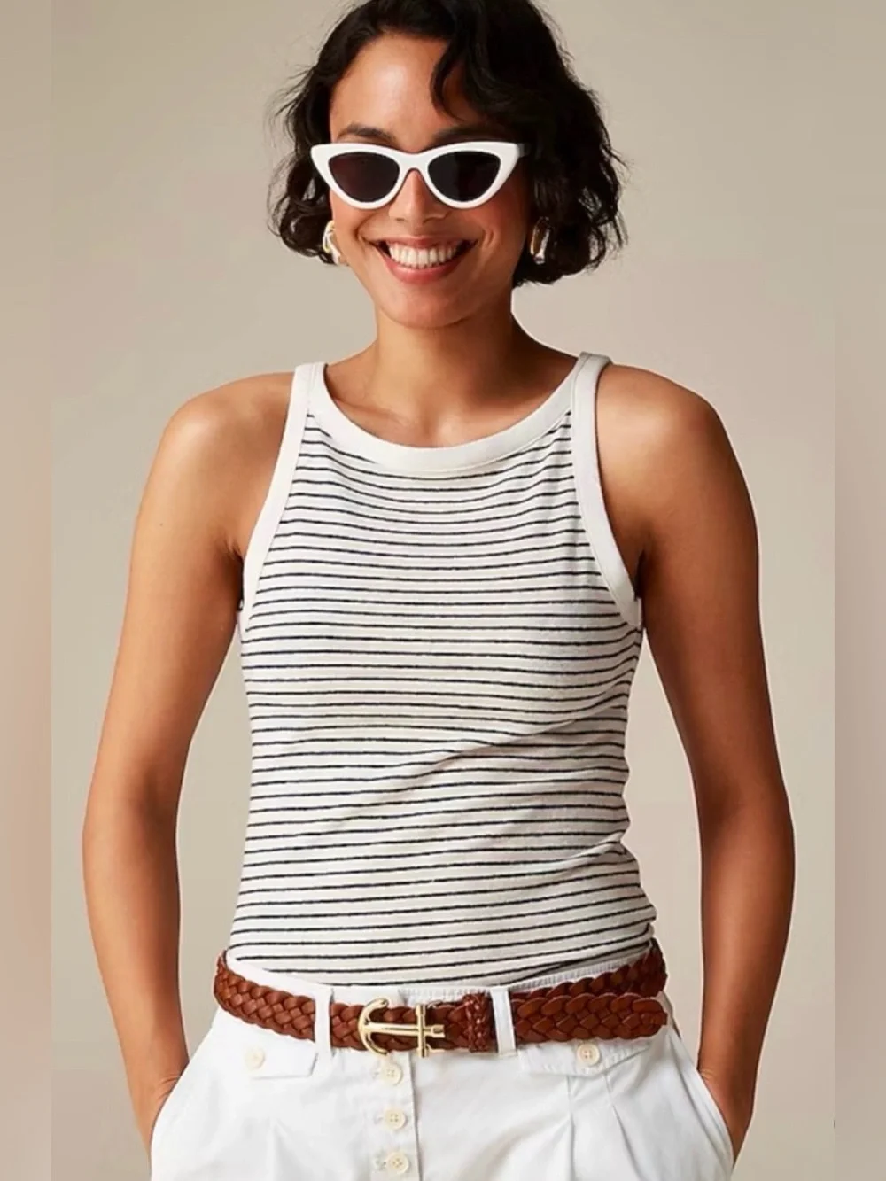 J.Crew High-neck tank top in striped stretch linen blend